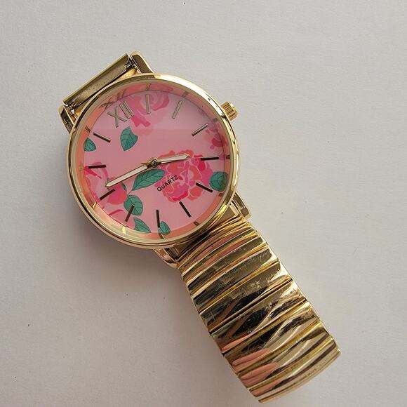 Vintage Watches Pink Floral Dial Gold Stretch Band Quartz Watch Romantic Gift - Picture 1 of 10